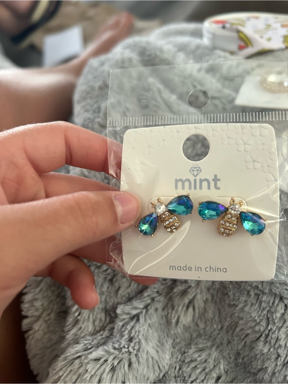 4/$50 Mint Gold-Tone Bee Shaped Stud Earrings with Iridescent Blue-Green Crystal